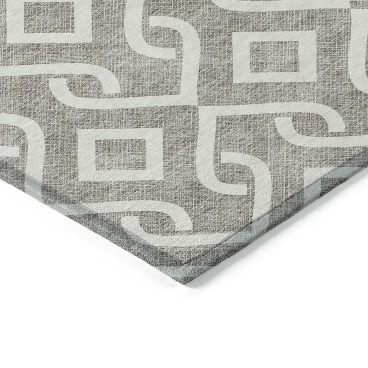 8' Taupe And Ivory Round Geometric Washable Indoor Outdoor Area Rug