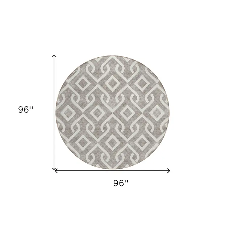 8' Taupe And Ivory Round Geometric Washable Indoor Outdoor Area Rug