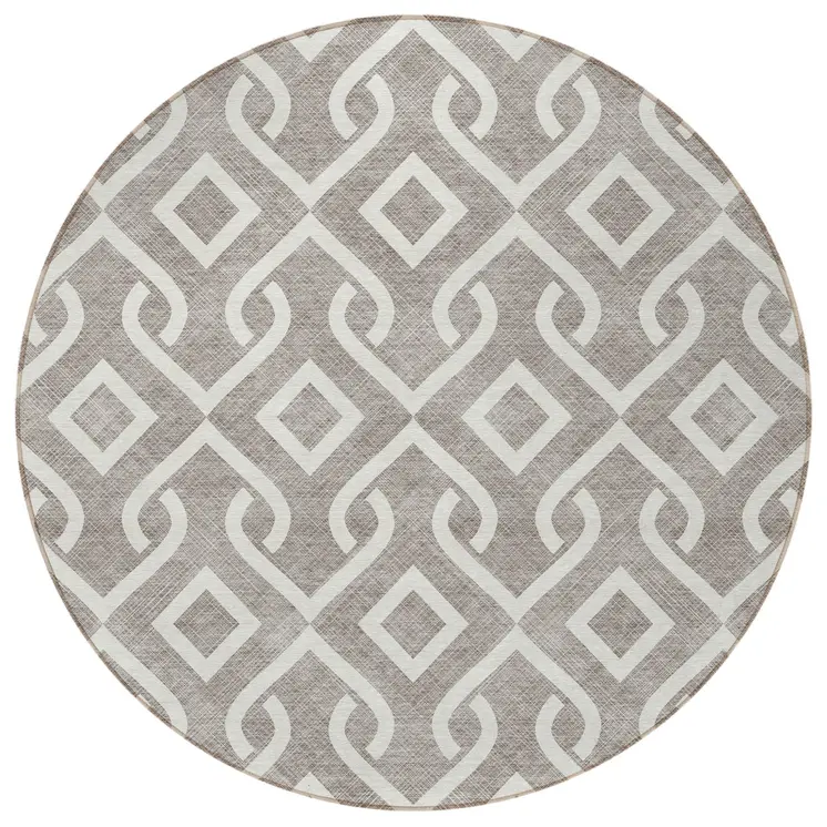 8' Taupe And Ivory Round Geometric Washable Indoor Outdoor Area Rug
