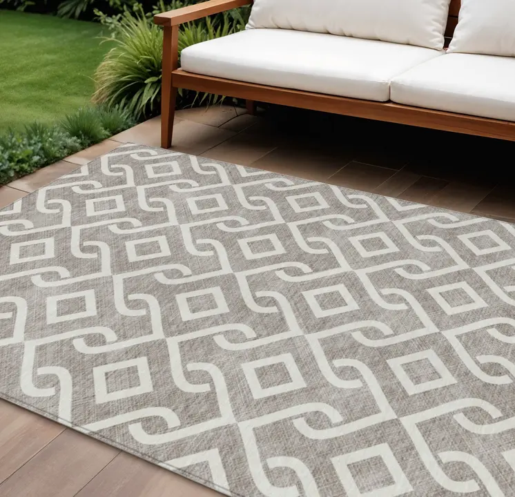 8' X 10' Taupe And Ivory Geometric Washable Indoor Outdoor Area Rug
