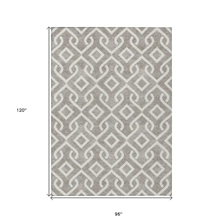 8' X 10' Taupe And Ivory Geometric Washable Indoor Outdoor Area Rug