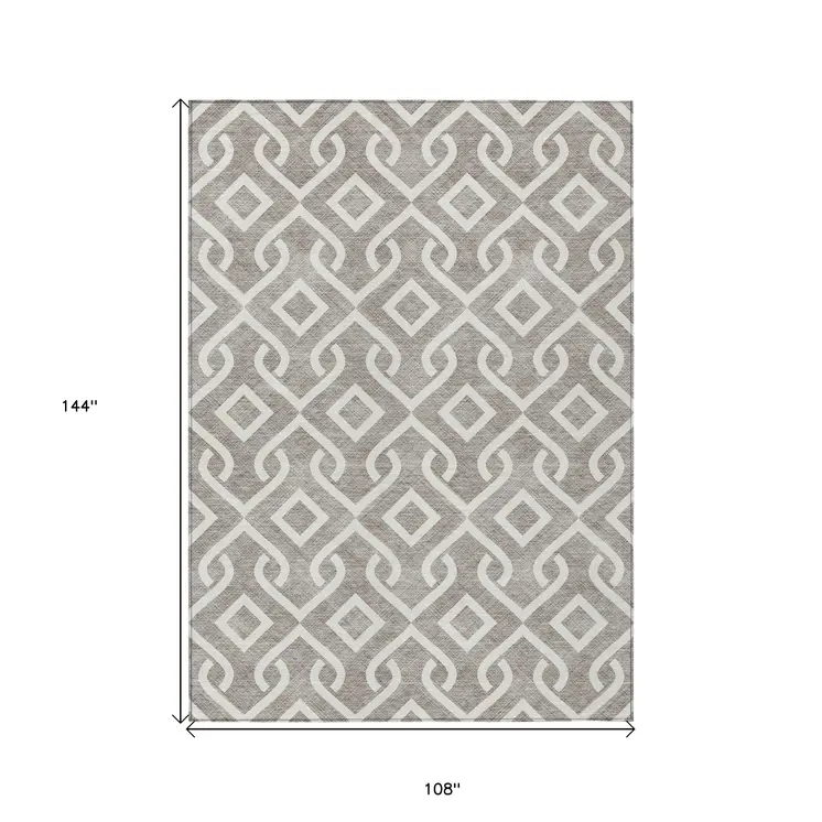 9' X 12' Taupe And Ivory Geometric Washable Indoor Outdoor Area Rug