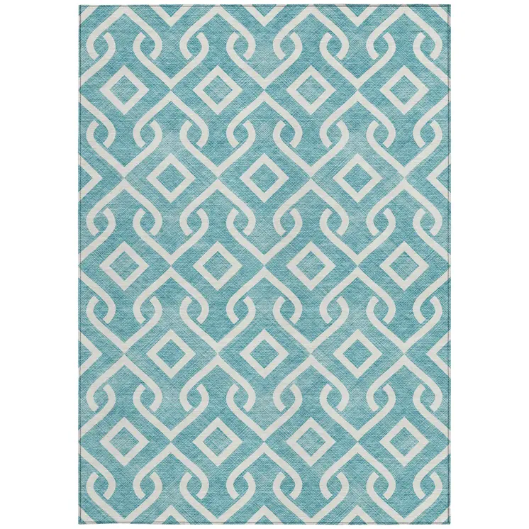 3' X 5' Teal Blue And Ivory Geometric Washable Indoor Outdoor Area Rug