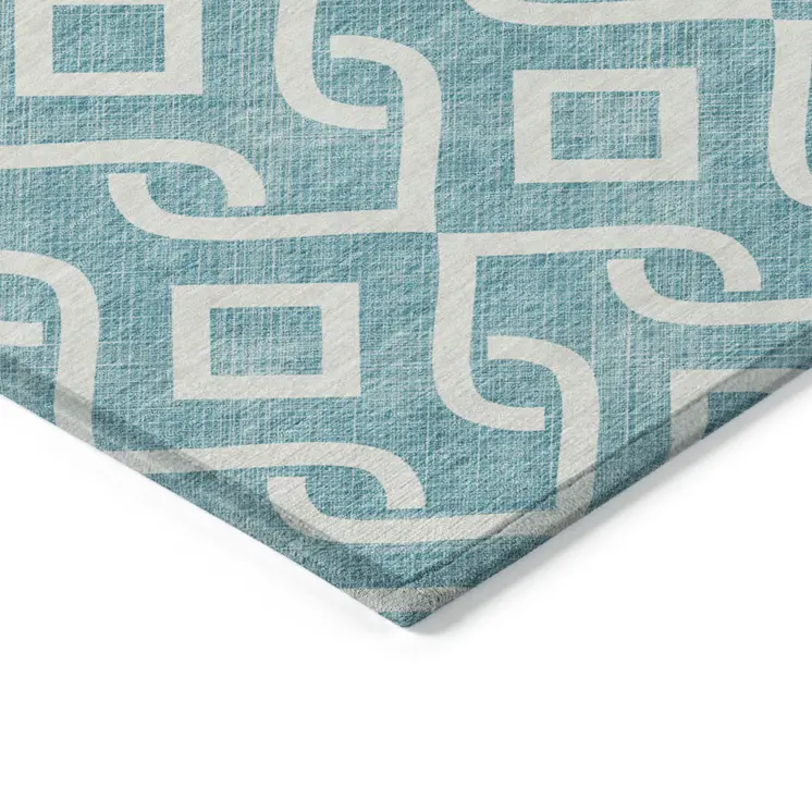 3' X 5' Teal Blue And Ivory Geometric Washable Indoor Outdoor Area Rug