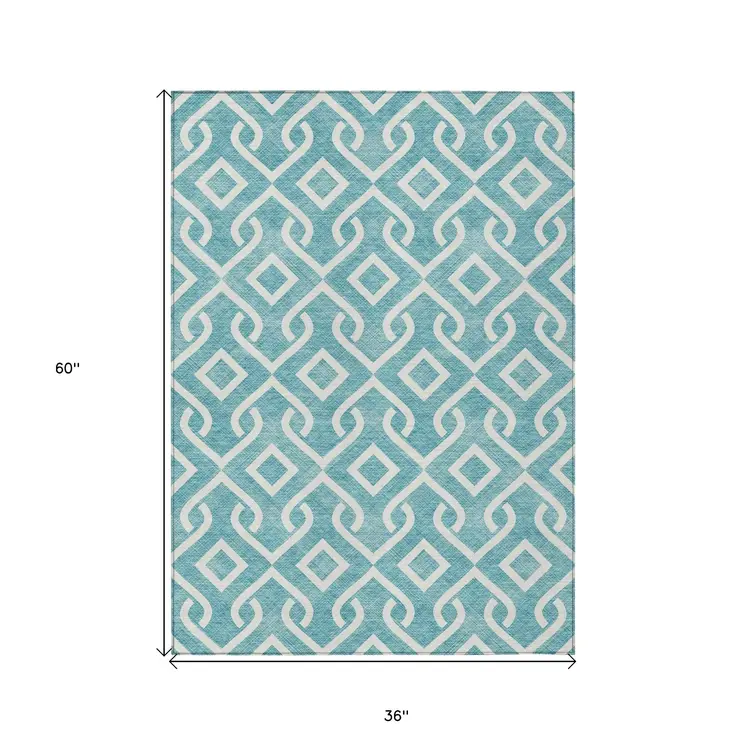 3' X 5' Teal Blue And Ivory Geometric Washable Indoor Outdoor Area Rug