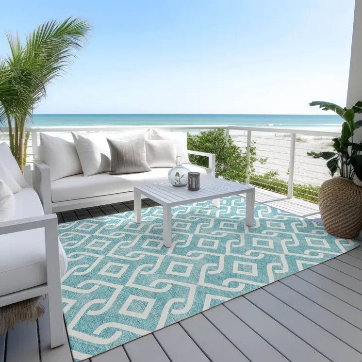 5' X 8' Teal Blue And Ivory Geometric Washable Indoor Outdoor Area Rug