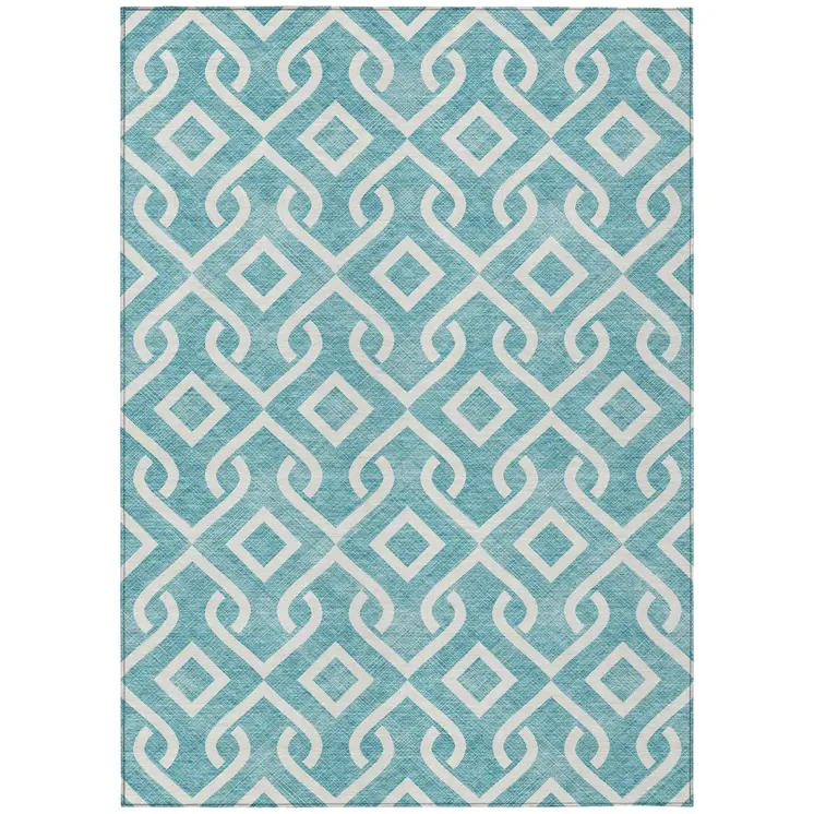 5' X 8' Teal Blue And Ivory Geometric Washable Indoor Outdoor Area Rug
