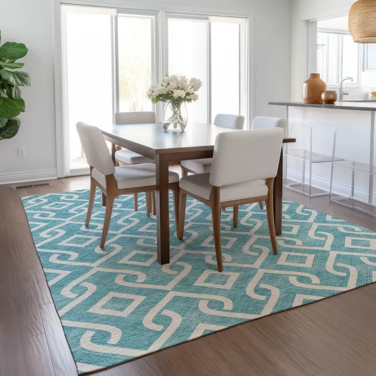 5' X 8' Teal Blue And Ivory Geometric Washable Indoor Outdoor Area Rug