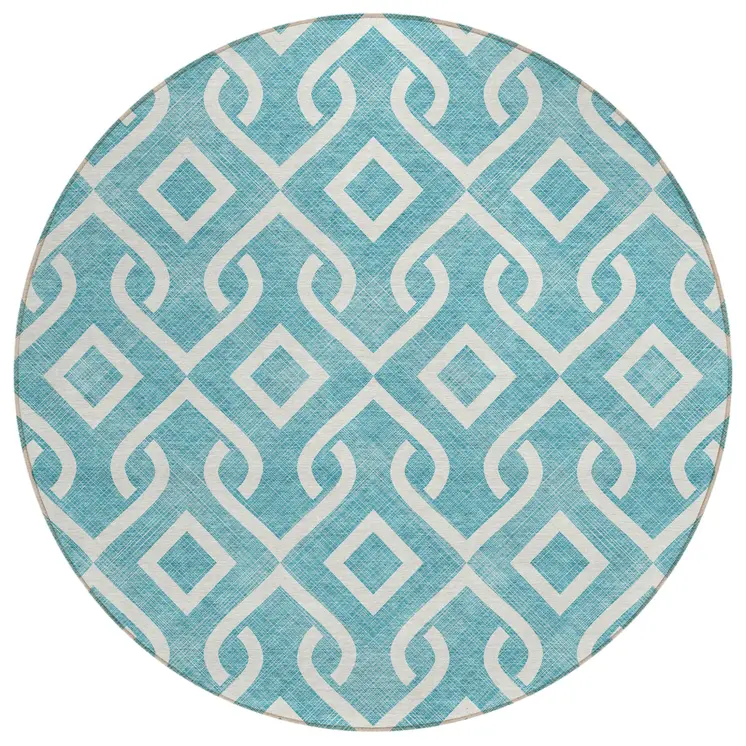 8' Teal Blue And Ivory Round Geometric Washable Indoor Outdoor Area Rug