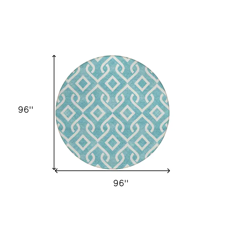 8' Teal Blue And Ivory Round Geometric Washable Indoor Outdoor Area Rug