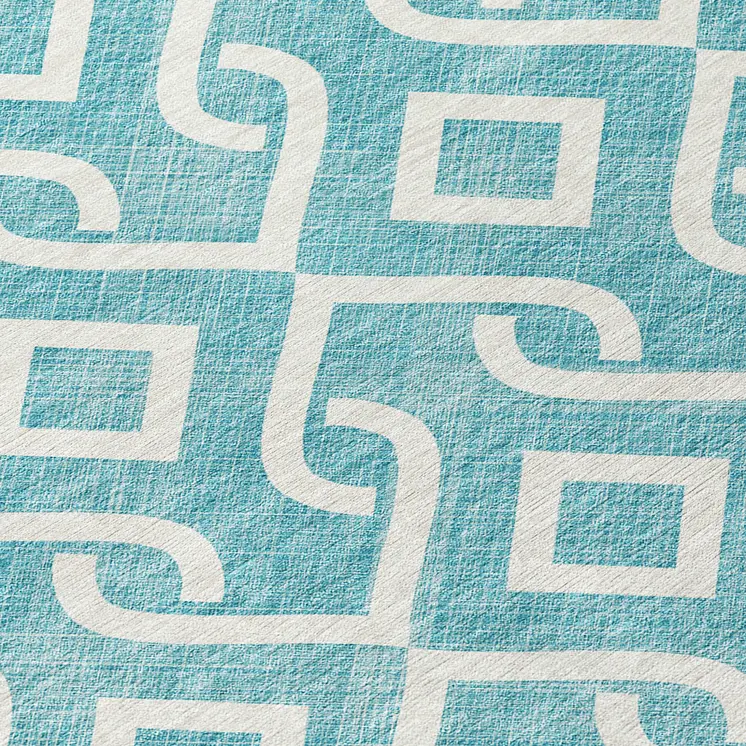 8' Teal Blue And Ivory Round Geometric Washable Indoor Outdoor Area Rug