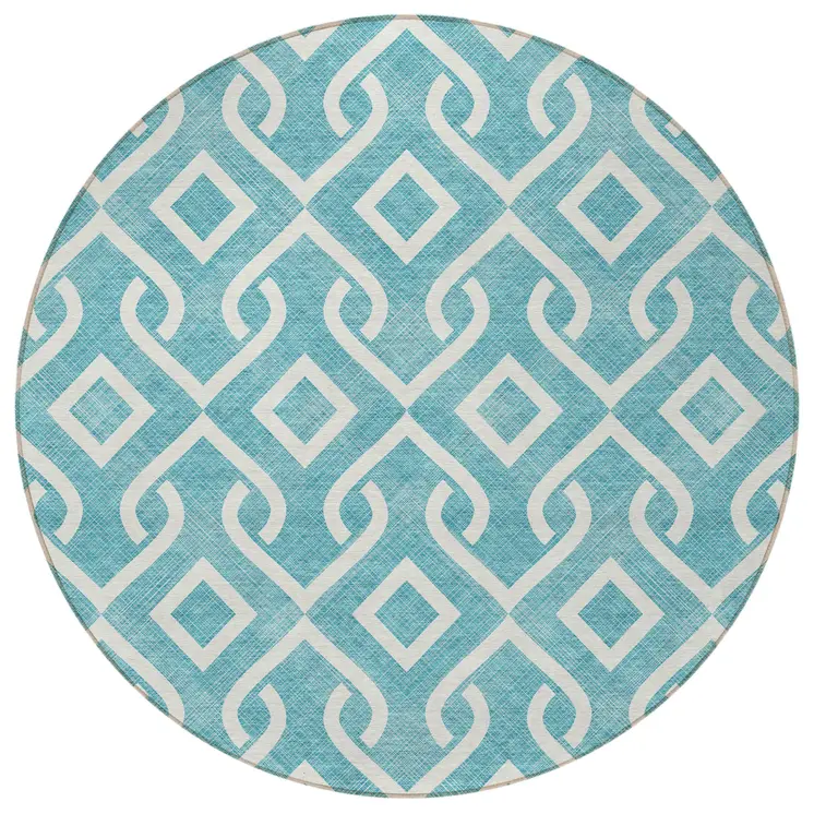 8' Teal Blue And Ivory Round Geometric Washable Indoor Outdoor Area Rug