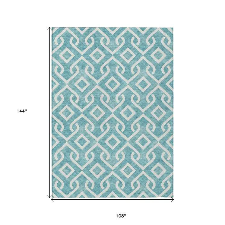 9' X 12' Teal Blue And Ivory Geometric Washable Indoor Outdoor Area Rug