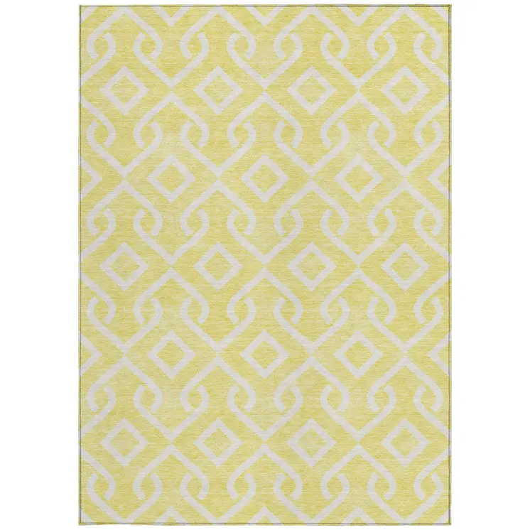 5' X 8' Yellow And Ivory Geometric Washable Indoor Outdoor Area Rug
