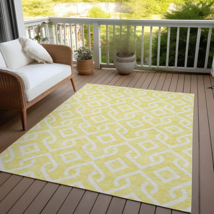 5' X 8' Yellow And Ivory Geometric Washable Indoor Outdoor Area Rug
