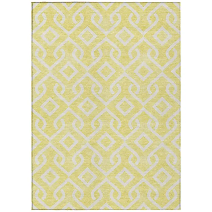 5' X 8' Yellow And Ivory Geometric Washable Indoor Outdoor Area Rug