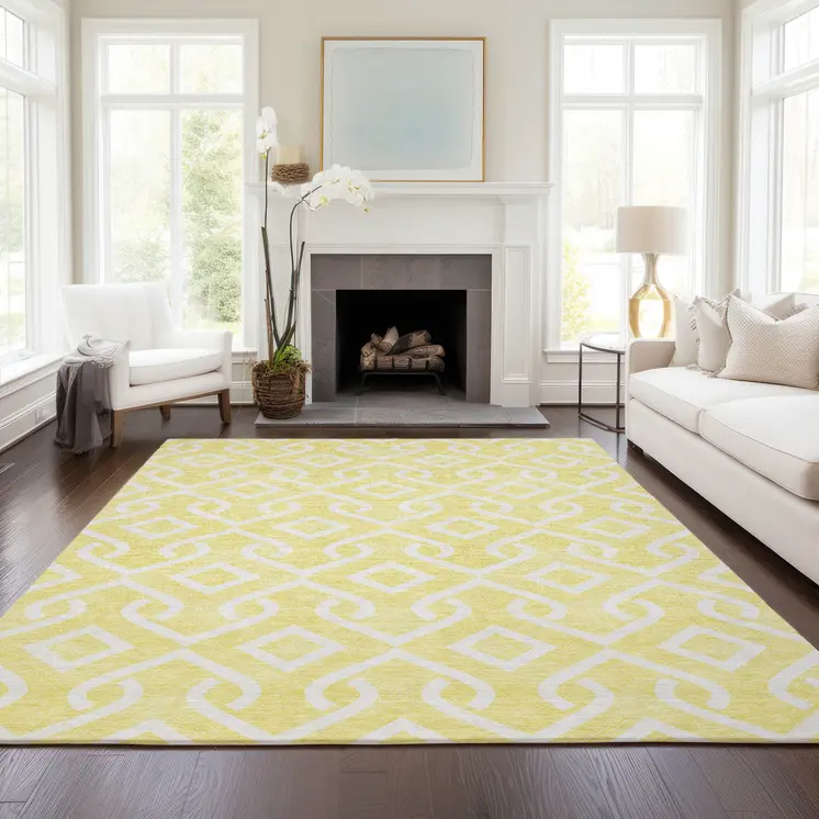 5' X 8' Yellow And Ivory Geometric Washable Indoor Outdoor Area Rug