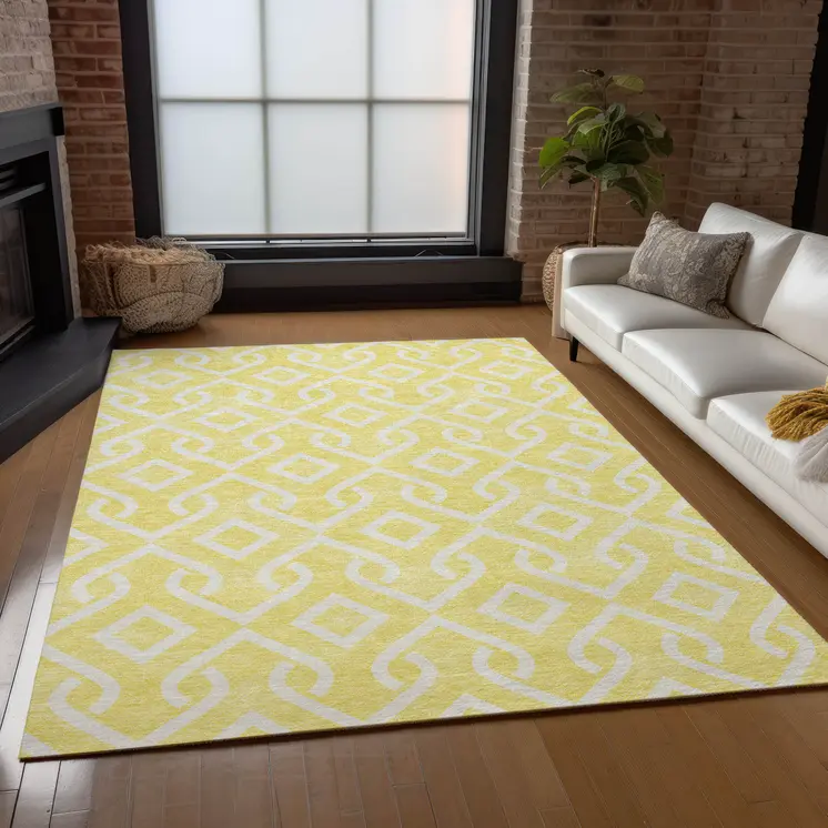 5' X 8' Yellow And Ivory Geometric Washable Indoor Outdoor Area Rug