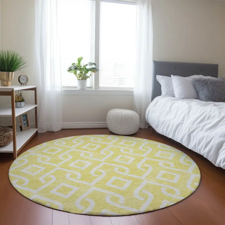 8' Yellow And Ivory Round Geometric Washable Indoor Outdoor Area Rug