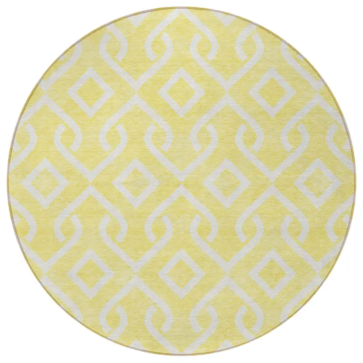 8' Yellow And Ivory Round Geometric Washable Indoor Outdoor Area Rug