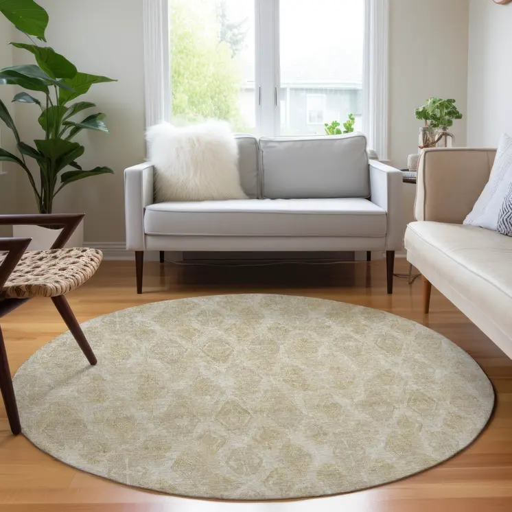 8' Beige Taupe And Tan Round Geometric Washable Indoor Outdoor Area Rug