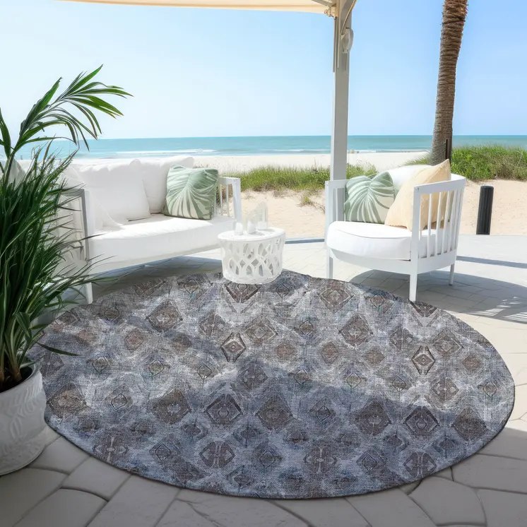 8' Sky Blue And Silver Round Geometric Washable Indoor Outdoor Area Rug