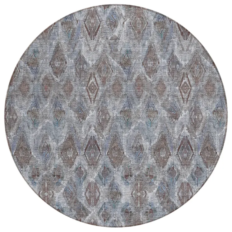 8' Sky Blue And Silver Round Geometric Washable Indoor Outdoor Area Rug