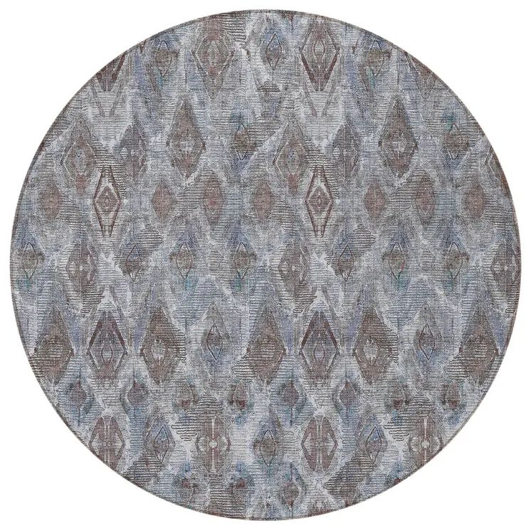 8' Sky Blue And Silver Round Geometric Washable Indoor Outdoor Area Rug