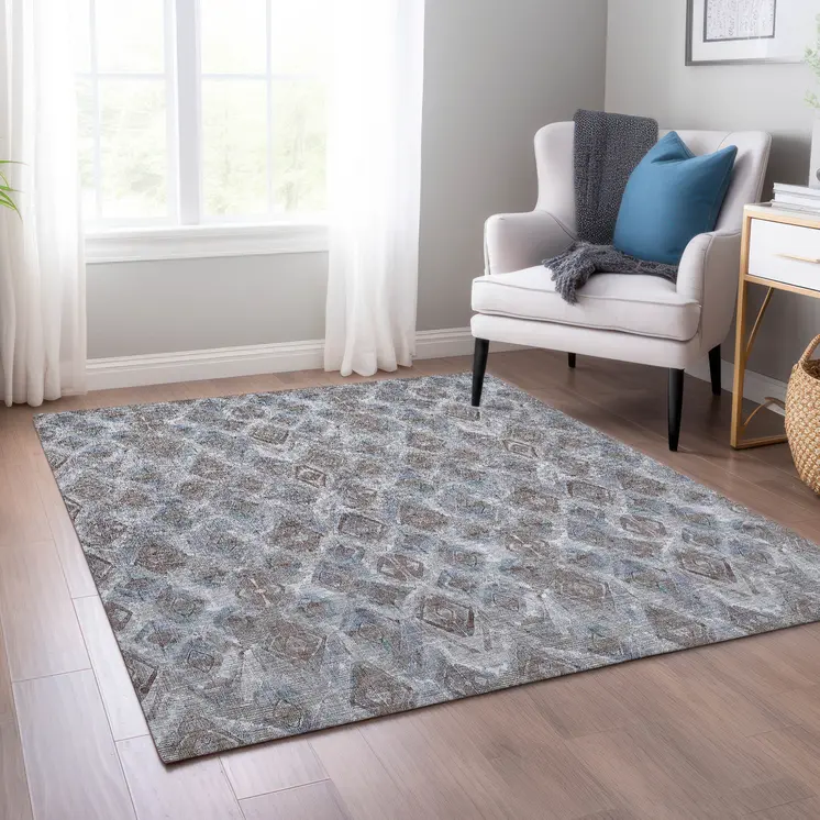 9' X 12' Sky Blue And Silver Geometric Washable Indoor Outdoor Area Rug