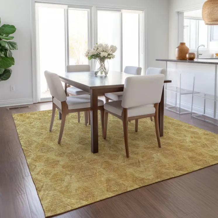 5' X 8' Gold Taupe And Beige Geometric Washable Indoor Outdoor Area Rug