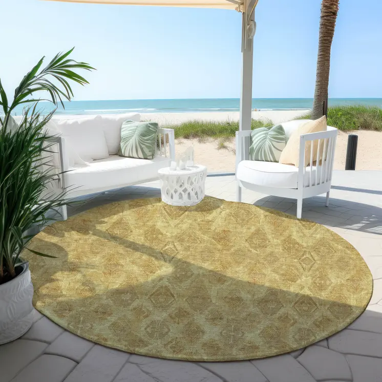 8' Gold Taupe And Beige Round Geometric Washable Indoor Outdoor Area Rug