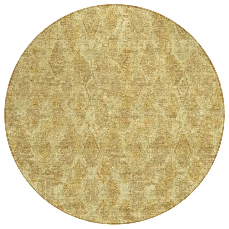 8' Gold Taupe And Beige Round Geometric Washable Indoor Outdoor Area Rug