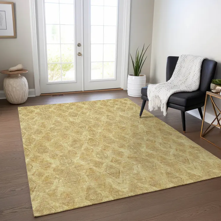9' X 12' Gold Taupe And Beige Geometric Washable Indoor Outdoor Area Rug