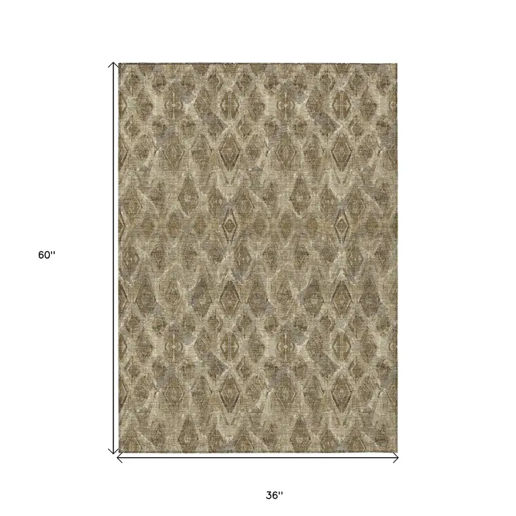 3' X 5' Brown Beige And Tan Geometric Washable Indoor Outdoor Area Rug