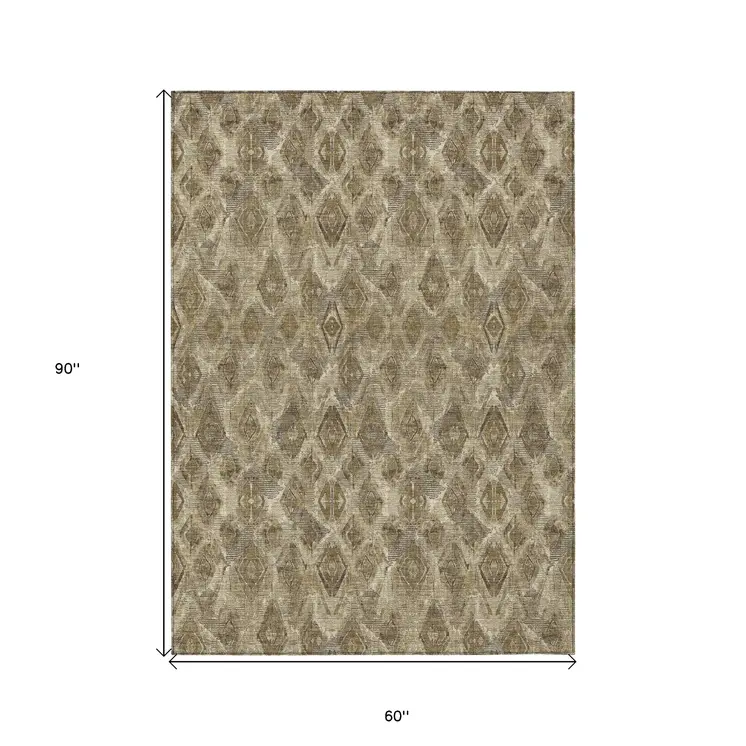 5' X 8' Brown Beige And Tan Geometric Washable Indoor Outdoor Area Rug