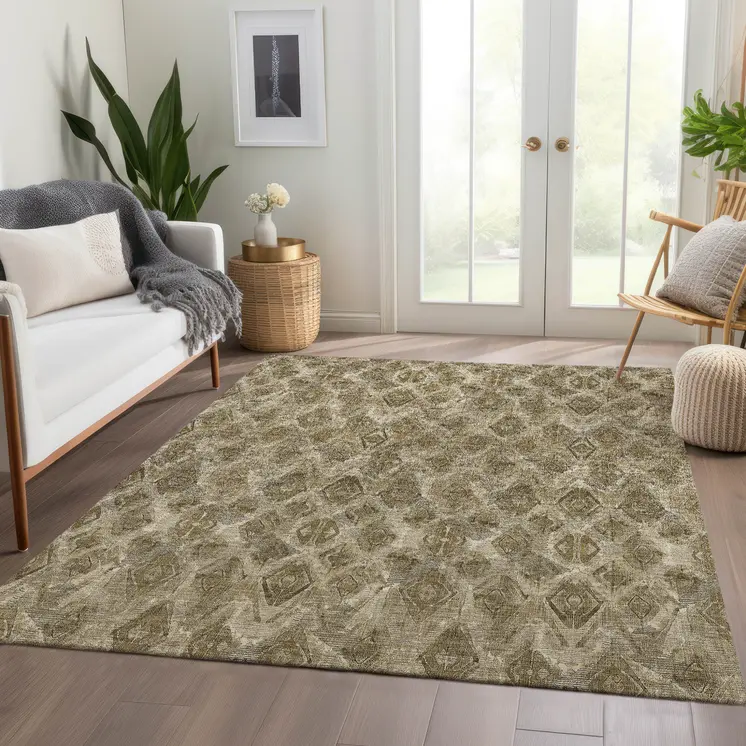 5' X 8' Brown Beige And Tan Geometric Washable Indoor Outdoor Area Rug