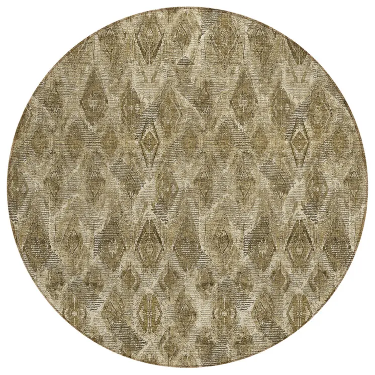8' Brown Beige And Tan Round Geometric Washable Indoor Outdoor Area Rug
