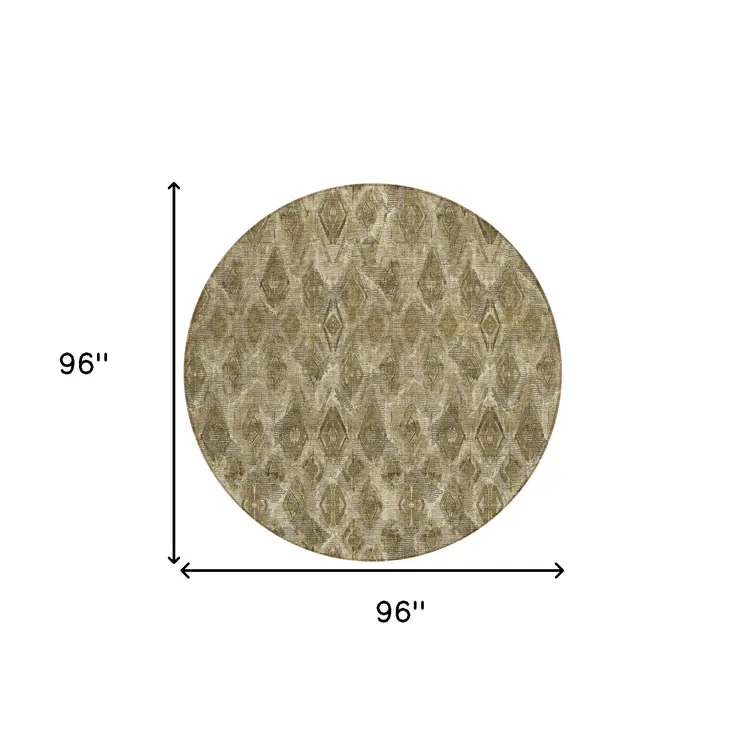8' Brown Beige And Tan Round Geometric Washable Indoor Outdoor Area Rug