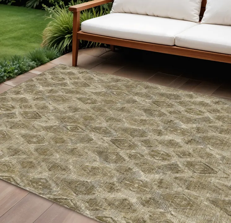 8' X 10' Brown Beige And Tan Geometric Washable Indoor Outdoor Area Rug
