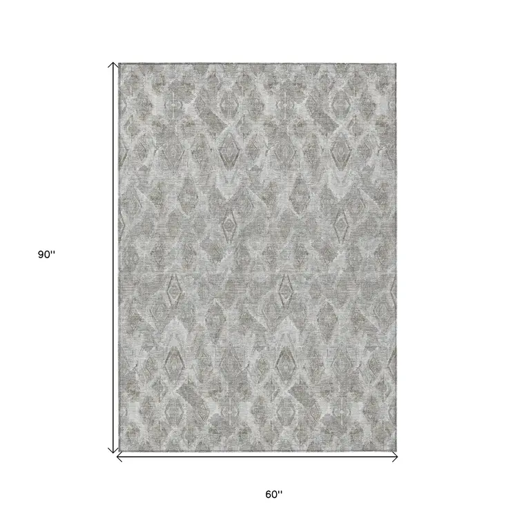 5' X 8' Silver Gray And Pewter Geometric Washable Indoor Outdoor Area Rug