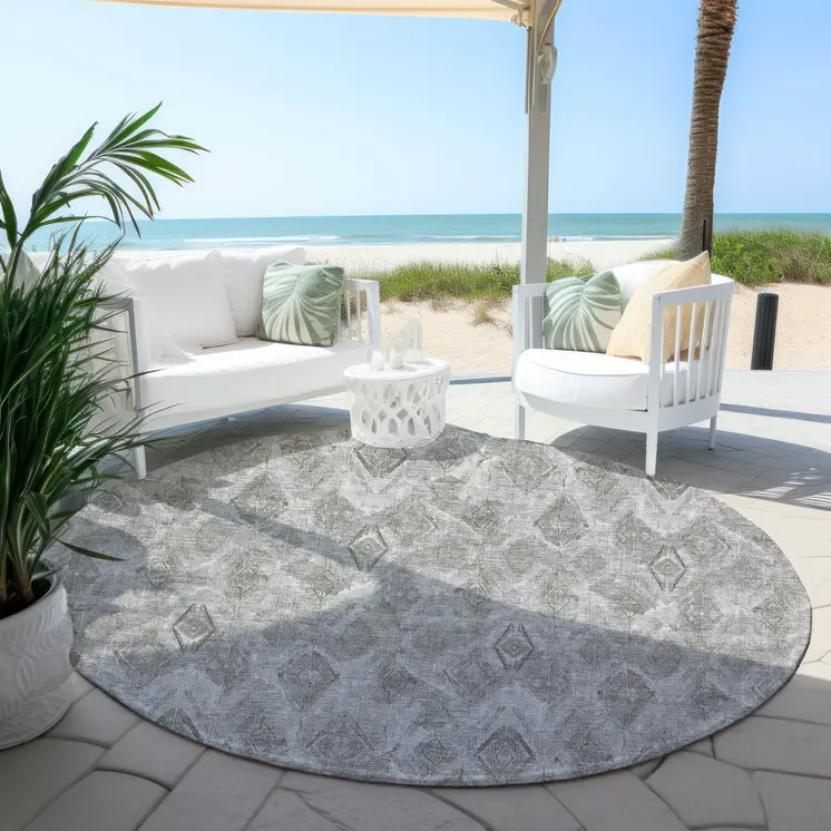 8' Silver Gray And Pewter Round Geometric Washable Indoor Outdoor Area Rug