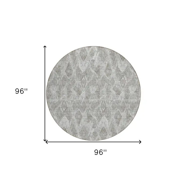 8' Silver Gray And Pewter Round Geometric Washable Indoor Outdoor Area Rug