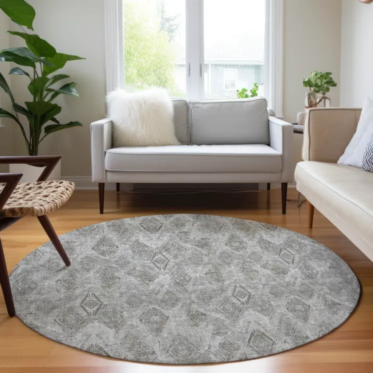 8' Silver Gray And Pewter Round Geometric Washable Indoor Outdoor Area Rug