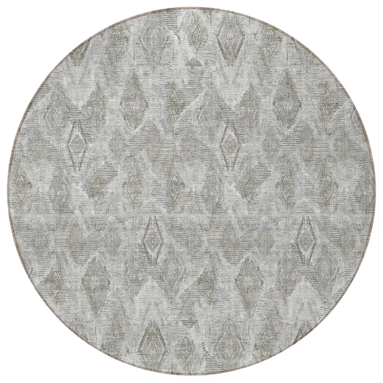 8' Silver Gray And Pewter Round Geometric Washable Indoor Outdoor Area Rug