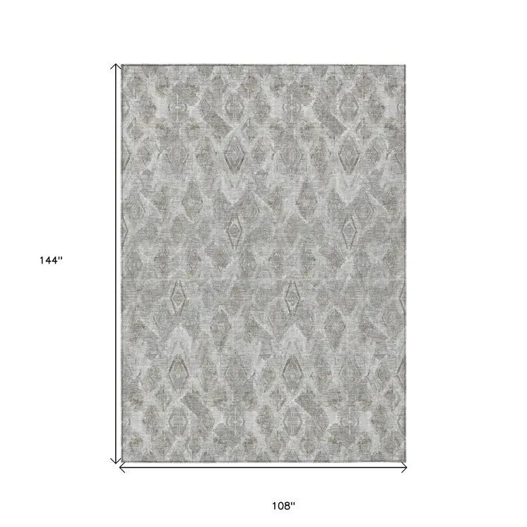 9' X 12' Silver Gray And Pewter Geometric Washable Indoor Outdoor Area Rug