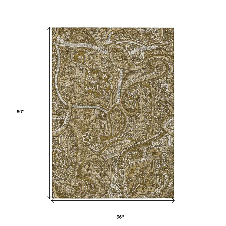 3' X 5' Brown Tan And Beige Paisley Washable Indoor Outdoor Area Rug