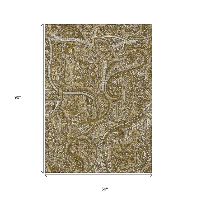 5' X 8' Brown Tan And Beige Paisley Washable Indoor Outdoor Area Rug