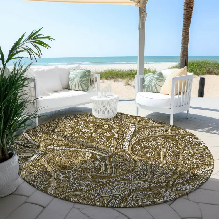 8' Brown Tan And Beige Round Paisley Washable Indoor Outdoor Area Rug