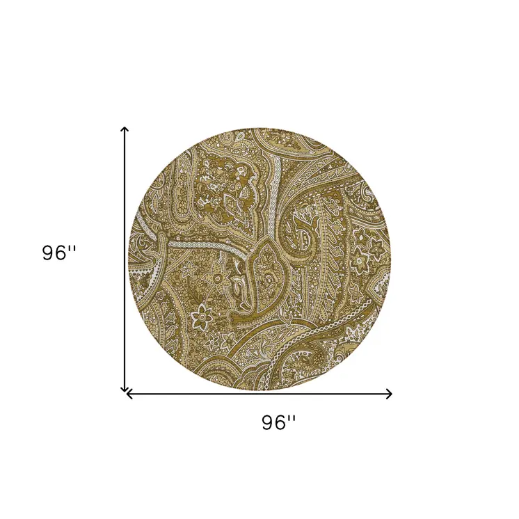 8' Brown Tan And Beige Round Paisley Washable Indoor Outdoor Area Rug