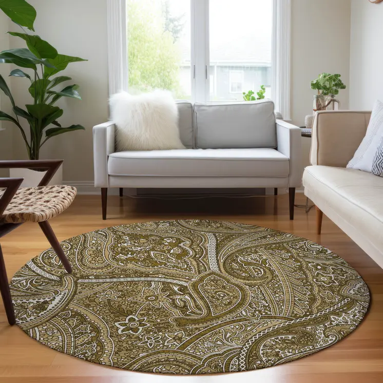 8' Brown Tan And Beige Round Paisley Washable Indoor Outdoor Area Rug